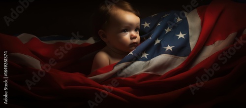 sleeping infant, swaddled in american flag, dramatic lighting, cinematic, ethereal, dreamlike, hyper-realistic, dramatic shadows, textured, rich colors
