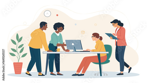 Diverse business team collaborating on a project in a modern office. Illustrates teamwork, productivity, and professional development.