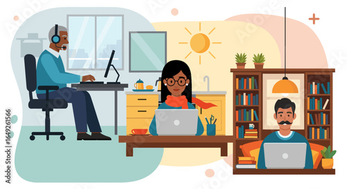 Diverse professionals working remotely from comfortable home offices. Illustrates flexible work arrangements, telecommuting, and global collaboration in modern business.
