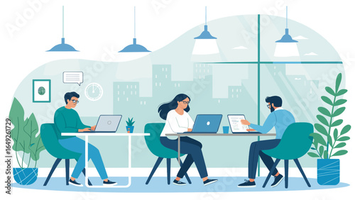 Diverse professionals collaborate in a modern coworking space, focused on laptops and digital devices, embodying teamwork and innovation.