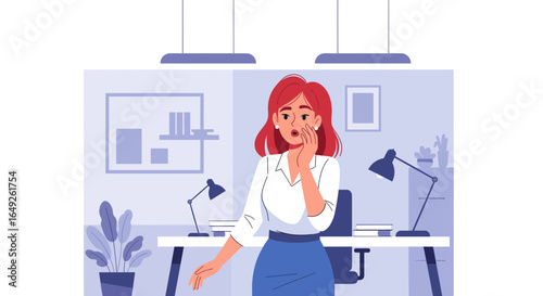A surprised businesswoman with red hair expresses shock and disbelief while standing in a modern office.