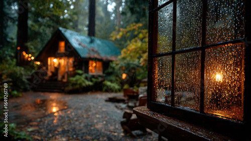 Rainy window with view of cozy cabin in woods, illuminated warmly, evokes sense of tranquility and comfort. scene captures essence of peaceful retreat amidst nature