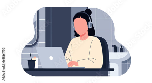 Focused woman in headphones diligently working on her laptop from a comfortable home setting, illustrating remote productivity, online learning, and modern digital lifestyle.