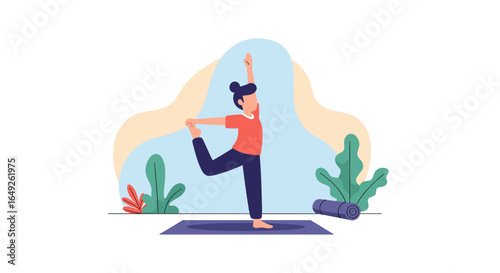 Stylized illustration of a person practicing yoga in a balancing pose on a mat, symbolizing health, wellness, and mindful living.