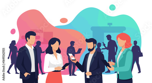 Diverse business professionals engage in conversation and utilize mobile devices in a modern office setting.