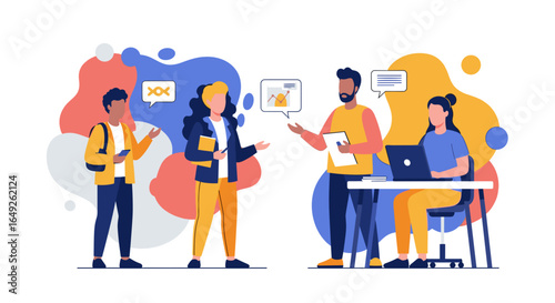Diverse individuals collaborate and communicate effectively in a dynamic professional and educational setting, sharing ideas and fostering productive discussions.