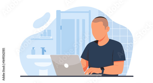 Man working on laptop in a modern bathroom, illustrating remote work or personal hygiene routines.