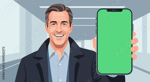 Smiling businessman proudly displays a modern smartphone with a vibrant green screen in a contemporary indoor setting.