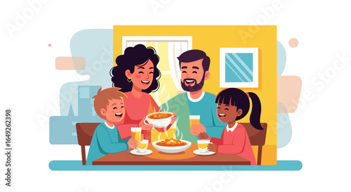 A joyful multi-ethnic family, including parents and two happy children, shares a heartwarming meal together at the kitchen table in a vibrant illustration.