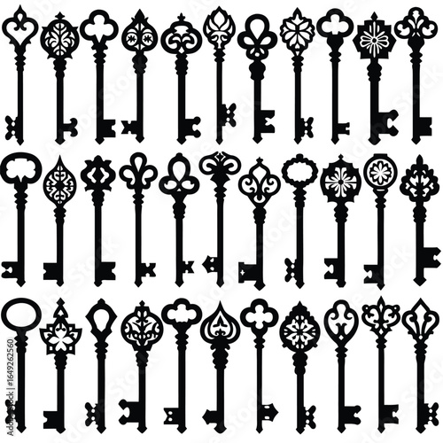 Collection of ornate antique skeleton keys silhouette