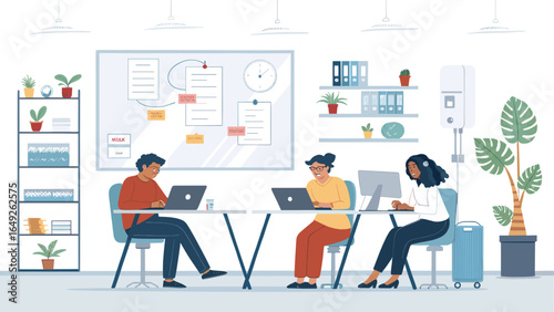 A diverse team of professionals collaborates efficiently on their laptops and computers within a bright, modern office environment, fostering innovation and productivity.