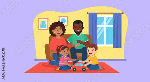 A cheerful diverse family enjoys a heartwarming moment in their cozy living room, as parents watch their happy children playfully engage with a toy.