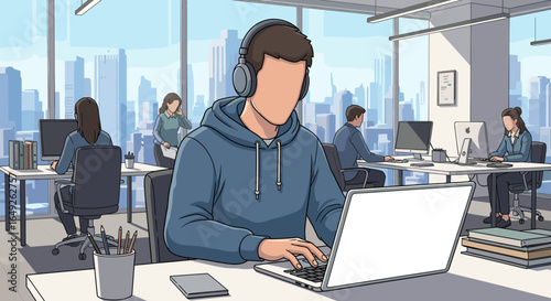 A modern office worker with headphones focuses intently on their laptop, surrounded by colleagues in a bright, open-plan workspace.