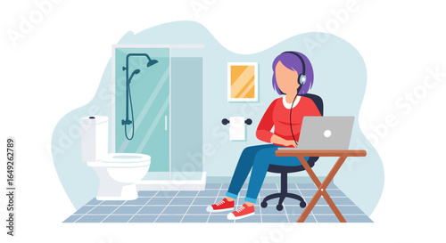 A focused individual with headphones concentrates on her laptop, utilizing the quiet solitude of a modern bathroom for remote productivity.