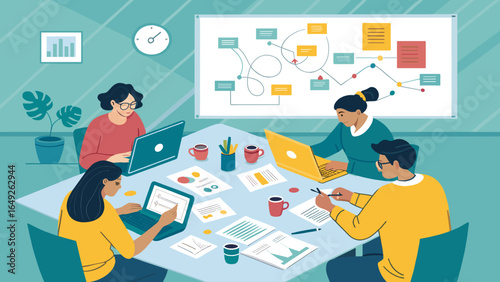 A diverse team of professionals collaboratively works on a strategic business project, utilizing laptops and analyzing documents in an efficient modern office.