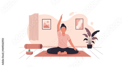 An illustration of a serene individual practicing mindful yoga and meditation on a mat in a peaceful home environment, promoting wellness and inner peace.