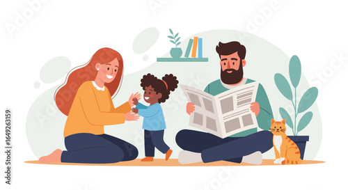 A happy family enjoys quality time together at home with their pet cat and a cozy indoor setting.