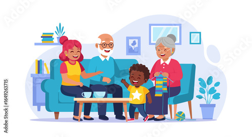 A heartwarming illustration captures a diverse multi-generational family, including grandparents and a child, sharing a happy moment on a sofa.