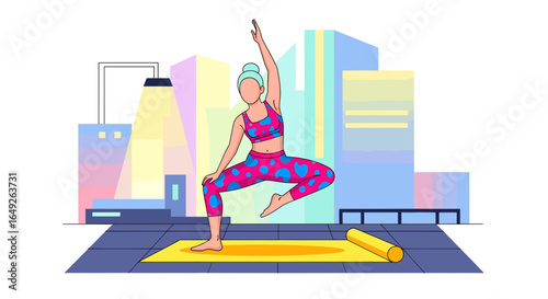 A colorful vector illustration shows a woman performing a challenging yoga pose on her mat in an urban setting, symbolizing physical strength and inner peace.