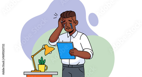 A distressed businessman in an office setting is overwhelmed with sadness and stress, holding his head while crying over a document.