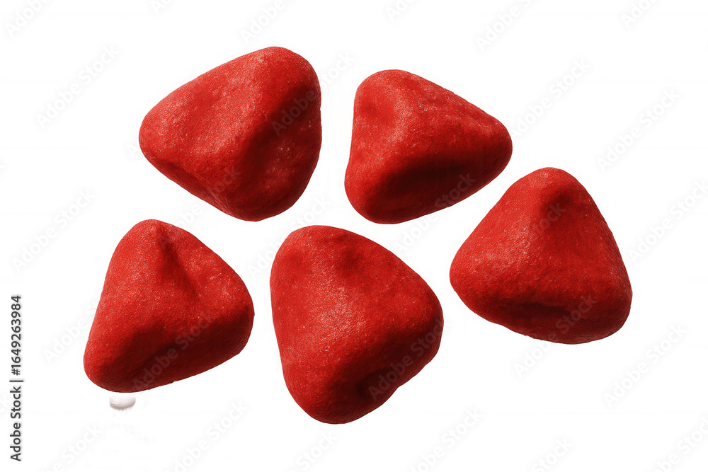 Fototapeta premium Five red pieces of candy falling against a transparent background, creating a vibrant and tempting visual