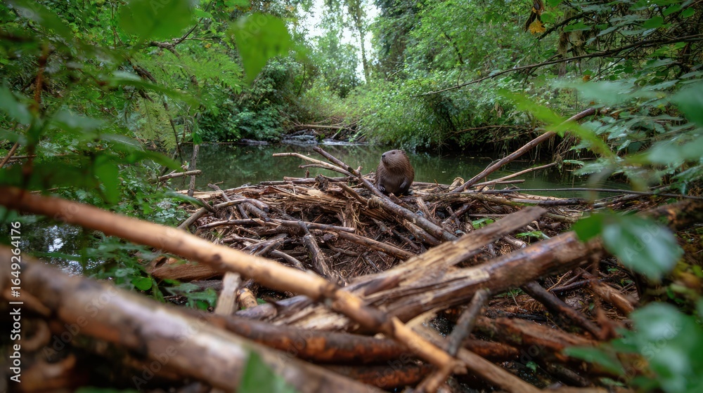 Obraz premium Forest stream with beaver dam