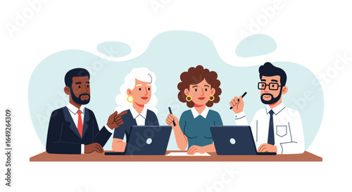 Diverse business professionals collaborate around a table with laptops, fostering teamwork and productivity in a modern, inclusive office meeting environment.
