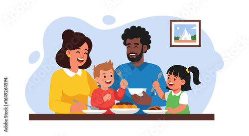 A joyful multi-ethnic family, including parents and two children, shares a delightful meal at home, fostering warmth and connection.