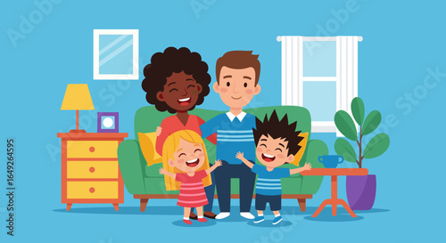 A happy diverse family enjoys quality time together in their cozy living room, illustrating modern family life and domestic bliss.
