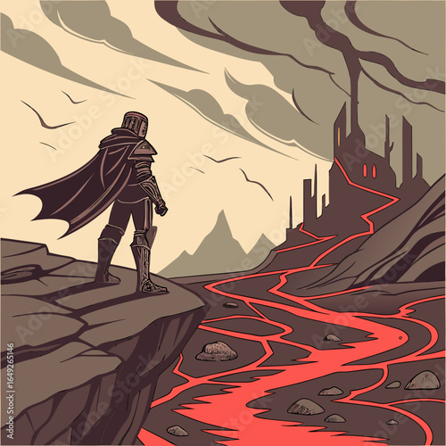 A stylized illustration shows a cloaked figure gazing toward a fortress across a lava-filled chasm. This icon style image could be used to represent dark fantasy or adventure themes.

