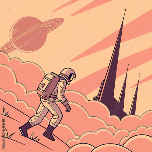 Illustration of an astronaut climbing a hill with futuristic buildings in the background, with a Saturn-like planet in the peach-colored sky, intended for stock art submission.


