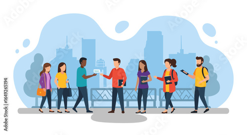 A diverse group of young adults engages in a friendly outdoor interaction within a modern city park, fostering community connections and casual networking.