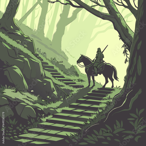 A silhouetted horse and rider stand at the base of stone steps in a forest. This illustrative image, found on Adobe Stock, could be used for fantasy or nature themes.

