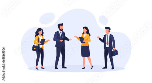 A diverse group of professional business people engage in a collaborative discussion, illustrating teamwork and effective communication in a corporate setting.
