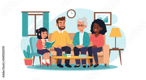 A diverse multi-generational family, with parents, grandparents, and a child, shares a joyful moment on a sofa, depicting togetherness and home life.