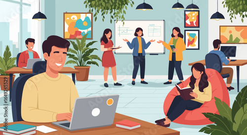 A vibrant modern office environment showcases diverse professionals engaged in collaborative work and individual tasks, fostering a productive and innovative atmosphere.