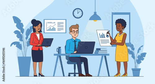 Diverse business professionals collaborate in a modern office, analyzing data and working efficiently together to achieve shared goals.