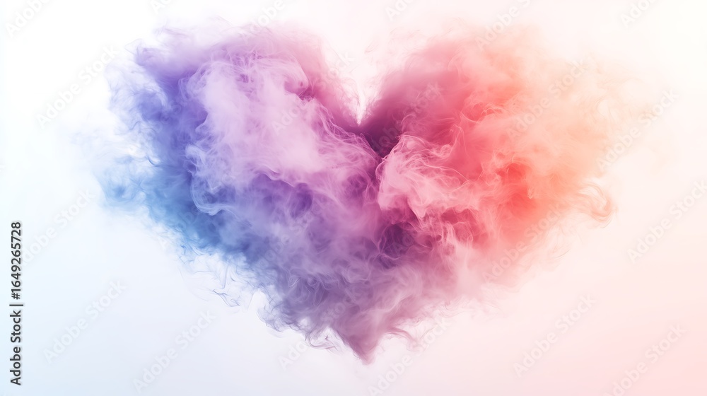 Obraz premium Heart Shape Made of Multicolored Smoke or Liquid on White Background: Left Side Mainly Blue and Purple, Right Transitioning to Pink and Red, Soft Ethereal Smoke with Visible Strands, Abstract Vibrant 