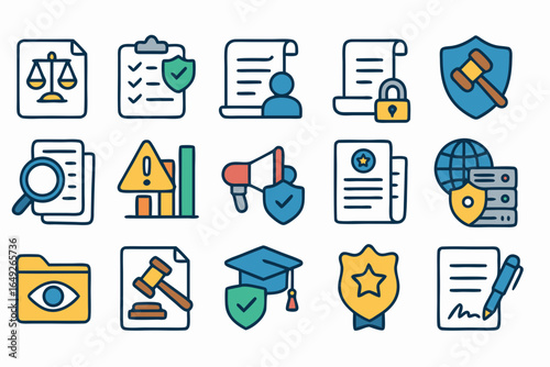 Flat Vector Icons Representing Legal and Compliance Activities Including Policy Enforcement, Data Privacy, Legal Review, Risk Assessment, GDPR, Whistleblower Protection, and Signature Authorization