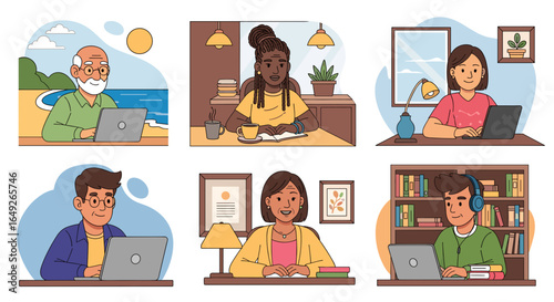 This illustration depicts a diverse group of people, from various ages and settings, actively using laptops for remote work and online learning.