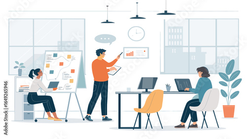 Diverse professionals actively collaborate on a new business strategy, utilizing technology and teamwork in a bright, contemporary office setting.