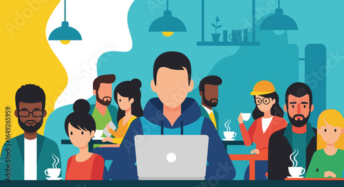 A diverse group of modern professionals and remote workers collaborate and connect in a vibrant, inclusive co-working space, fostering innovation and community.