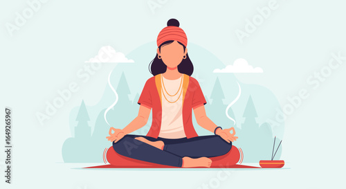 A serene woman finds inner peace and mindfulness through meditation in a tranquil natural setting, surrounded by calming incense smoke and stylized trees.