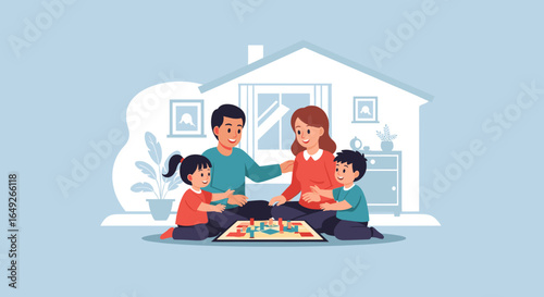 A joyful family enjoys quality time together, playing a fun board game on the floor inside their cozy home, fostering strong bonds and creating lasting memories.