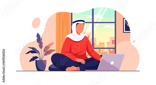 An Arab man in traditional attire works on his laptop from his modern home, enjoying a bright city view, symbolizing remote work and digital connectivity.