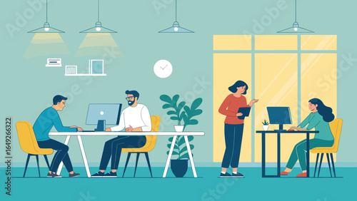 Professional individuals collaborate efficiently in a modern, open-plan office environment, fostering teamwork and productivity in a contemporary workspace.