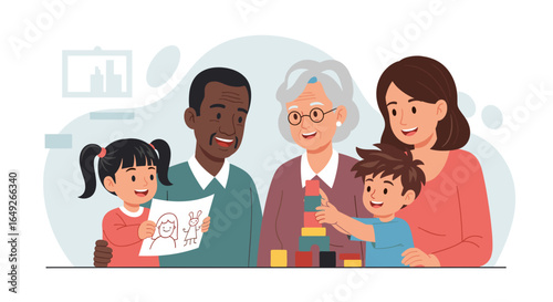 A diverse multi-generational family shares heartwarming moments, with children engaged in creative play and proudly showing artwork, celebrating unity.