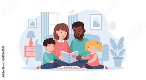 A diverse family cherishes quality time together, as parents lovingly read an engaging storybook to their young son and daughter in a cozy home environment.