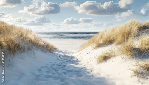 Fototapeta Naklejka Na Ścianę i Meble -  Accessing Romantic Beach Through Sandy Dunes Along The Baltic Sea. Enjoy A Picturesque Setting And Peaceful Atmosphere For A Memorable Experience.