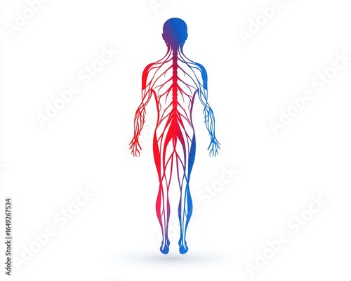 Human anatomy, stylized illustration of the nervous and circulatory systems.  Red and blue gradients highlight the vessels and nerves, presented on a white background